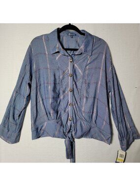 Democracy Button Down Blouse Womens Sz M Long sleeve Tie-Front Blue Plaid NWT